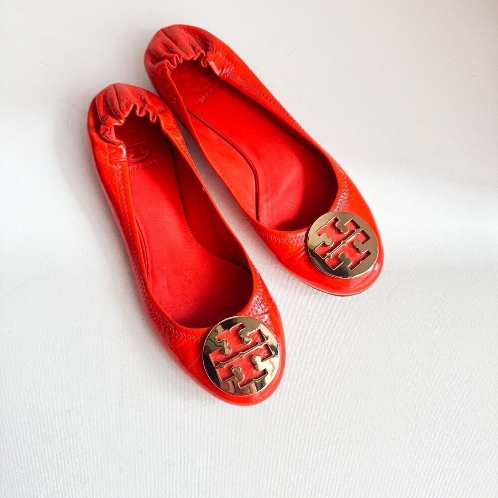 Tory Burch REVA Bright Orange Patent Leather Classic Flats 9
